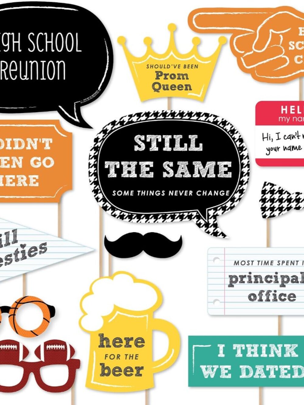 School Reunion Photo Booth Prop Kit, DIY Cardstock Props - 20pc